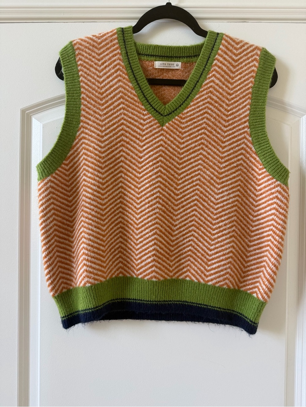 12th Tribe Zigzag Knit V‑Neck Sweater Vest in Orange and Green